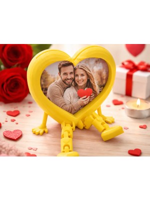 Kentex 3D Baskı Aşk Kalpli Fotoğraf Çerçevesi - Hareketli Bacaklı Masaüstü Çerçeve-Sarı