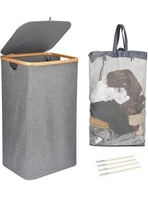 Mey İthalat Bambu Kenarlı Katlanabilir Kumaş Çamaşır Sepeti, 100 L, 44X33X70