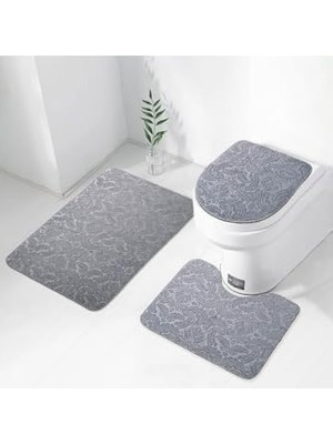 Mey İthalat 60X90 cm 3'lü Gri Ultrasoft Desenli Klozet Takımı, Banyo Halısı ve Paspas Seti
