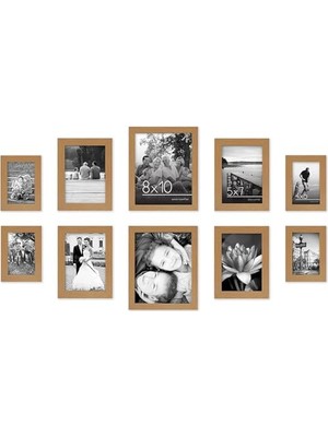 Mey İthalat 10'lu Kırılmaz Camlı Fotoğraf Çerçevesi Seti, Iki 20,32X25,4 Cm, Dört 12,7X17,8 cm ve Dört 10,16X15,24 Cm, Koyu Meşe