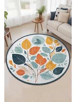 Mey İthalat Leaf Modern Desenli Şönil Pamuk Tabanlı Yıkanabilir Kaymaz Antibakteriyel Yuvarlak Salon Halısı 100X100