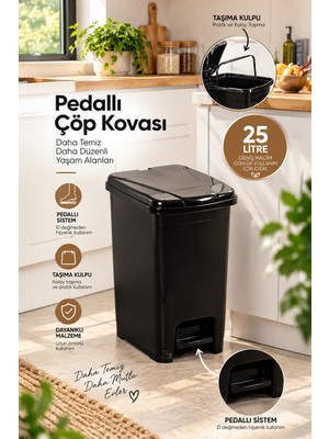 Porsima 0131-1 Slim Pedallı Çöp Kovası 25 Lt Siyah – Taşıma Kulplu , Mutfak ve Banyo Için Ince Çöp Kovası