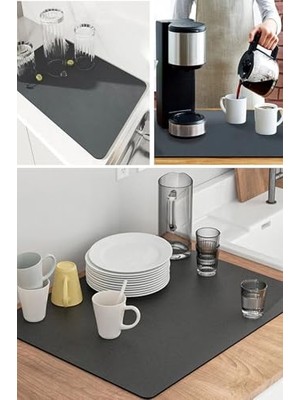 Mey İthalat Bulaşık Kurutma Matı, Süper Su Emici Mikrofiber Paspas, Siyah, 35X50 cm