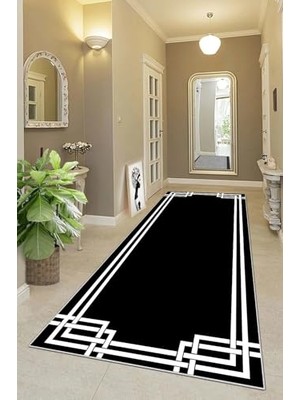 Mey İthalat Pelangi Geometrik Çizgi Desenli Dijital Baskı Yıkanabilir Kaymayı Önleyici Taban Etnik Kilim Desen Salon Halı; Siyah 80 x 300,95551480803007
