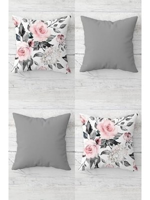 Mey İthalat Gül Buketi Desenli ve Düz Kırlent Gizli Fermuarlı Kırlent Kılıfı Takımı (4ADET), Gri-Beyaz-Pembe 45 x 45
