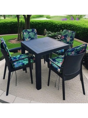 Mey İthalat Yeşil Yaprak Desenli, 4 cm Süngerli Arkalıklı Sandalye Minderi 4'lü, 42X42