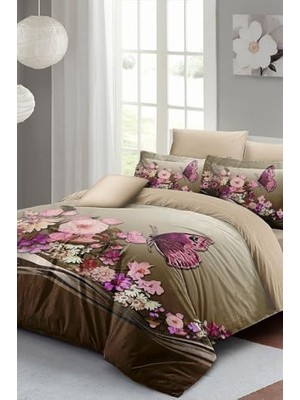 Mey İthalat Anneler Günü Çift Kişilik Nevresim Takımı Pamuk Saten Brown Butterfly MONOHOME33514