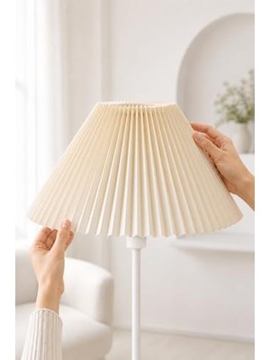 Mey İthalat Lambader Şapkası, Çap 36 Cm, Pileli Kırma Kumaş, Krem Abajur Başlık, Metal Iskelet, LAM06