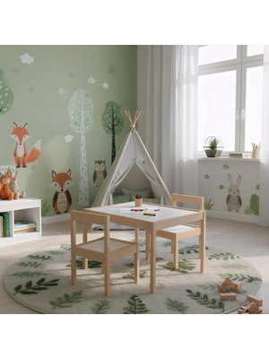 Rozıtoys Montessori Ahşap Etkinlik Masası Seti – 2 Sandalyeli, Doğal Ahşap, Oyun Boyama Çalı