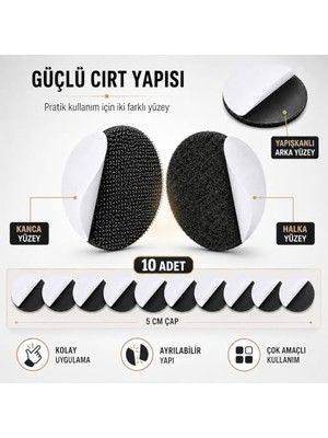 Mey İthalat 10 Adet, 5 cm Yuvarlak Yapışkanlı Cırt Bant; Halı, Kilim, Nevresim, Örtü ve Minder Sabitleyici