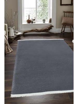 Mey İthalat Saçaklı Kalın Yumuşak Kaymaz Taban Koyu Gri Peluş Halı, 80 x 300