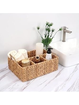 Mey İthalat 43X30X13 cm El Yapımı Doğal Hasır Dolap Düzenleyici, 4 Bölmeli