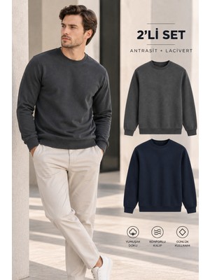 Polo State Erkek 2’li Set Bisiklet Yaka Basic Sweatshirt Antrasit & Lacivert