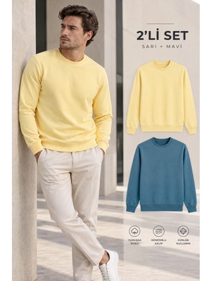 Polo State Erkek 2’li Set Bisiklet Yaka Basic Sweatshirt Mavi & Sarı