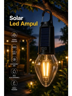 Eser Ticarett Solar LED Ampul Bahçe Aydınlatması – USB Şarjlı Güneş Enerjili Kamp Lambası, 3 Kademeli Işık, Askılı Taşınabilir Ipx4 Suya Dayanıklı Solar Ampul Bahçe