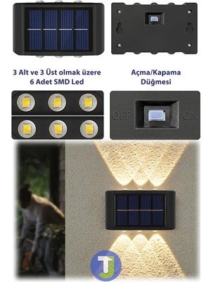 Eser Ticarett 2 Adet Solar Sensörlü Duvar Lambası – 6 LED Çift Yönlü Aydınlatma, Güneş Enerjili Dış Mekan Apliği