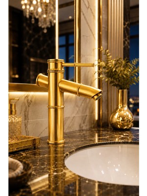 Bambu Gold Sabit Lavabo Bataryası | Premium Model | Lüks Vintage Lavabo Musluğu Gold