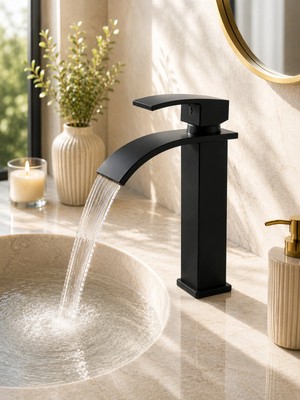 Mat Siyah Şelale Lavabo Bataryası | Paslanmaz Çelik | Sıcak-Soğuk Çift Giriş | Modern Banyo Musluğu Siyah