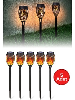 Eser Ticarett 5 Adet Güneş Enerjili Alev Efektli LED Meşale | Solar Bahçe Aydınlatması ve Dış Mekan Lambası