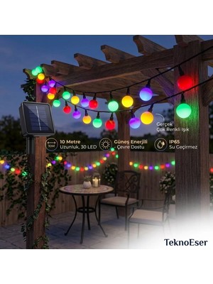 Eser Ticarett 50 LED 7 Metre Güneş Enerjili Solar Peri LED Işık Zinciri Top Lambalı Rgb Çok Renkli Dış Mekan Su Geçirmez Bahçe Balkon Süsleme