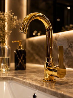 Gold Lavabo Bataryası Altın Renk Yüksek Model 360° Döner Borulu Banyo Musluğu Altın