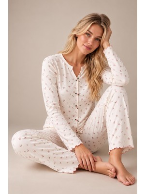 Cotonhause Kadın Uzun Kol Kaşkorse V Yaka Ekru Pijama Takımı C2T1N807