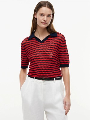 Tommy Hilfiger Kırmızı Kadın Çizgili Triko Polo T-Shirt WW0WW500600X6