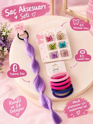 Dofix Pastel Saç Takı Seti 6'lı Kelebek Toka,5'li Lastik Toka ve 1 Adet Takma Saç