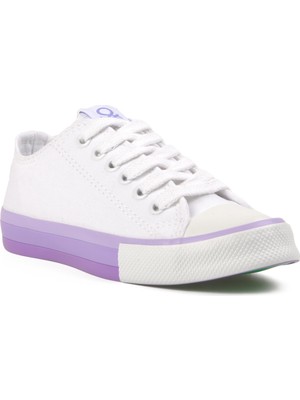 Benetton Beyaz-Lila Keten Bağcıklı Kadın Yürüyüş ve Spor Ayakkabı Sneaker
