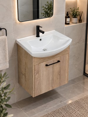 Turkuaz Lavabolu Banyo Dolabı 55 cm - Sonoma Meşe Renk - Asma Banyo Dolabı