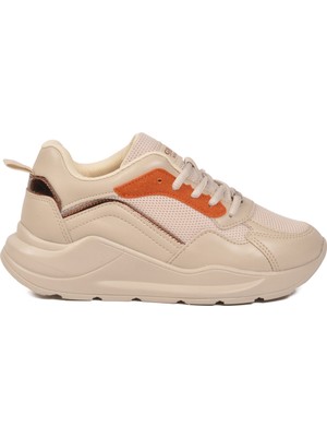 Grijak Bej Fileli Bağcıklı Kalın Tabanlı Kadın Yürüyüş ve Spor Ayakkabı Sneaker 051 (Y)