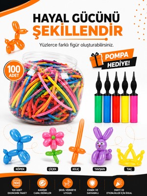Zeyn Gross 100'LÜ Sosis Balon Seti Renkli Uzun Şekil Verilebilir Balon Kavanozlu Parti ve Organizasyon Balonu