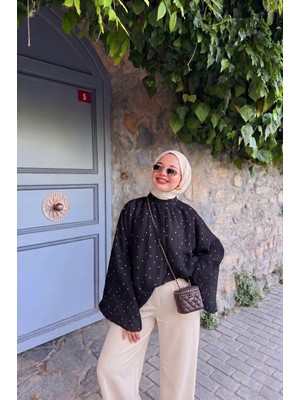 Trendparis Puantiyeli Şifon Robalı Yarasa Kol Bluz Siyah