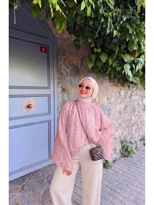 Trendparis Puantiyeli Şifon Robalı Yarasa Kol Bluz Pembe