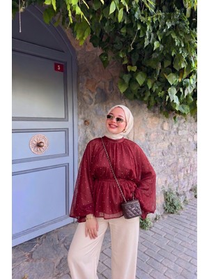 Trendparis Puantiyeli Şifon Robalı Yarasa Kol Bluz Kırmızı