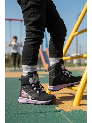 Ayakmod Siyah Soğuğa Dirençli Kaymaz Tabanlı Desenli Cırtlı Bağcıklı Kız Çocuk Sneaker Bot 999 F