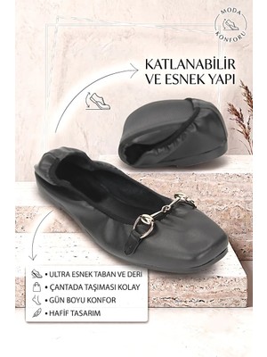 BAYÇAĞRI Mireya Katlanabilir Esnek Yumuşak Kaymaz Taban Siyah Cilt Ince Geçme Toka  Detaylı Köşe Burun Kadın Babet Ayakkabı