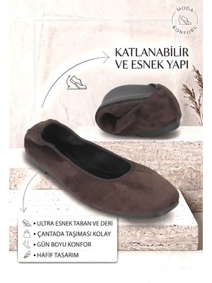 BAYÇAĞRI Uliana Kadın Köşeli Burun Esnek Taban Katlanabilir Kahverengi Süet Babet Ayakkabı