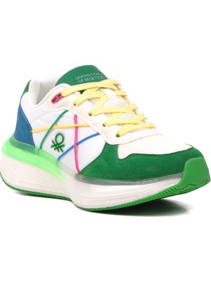 Benetton Beyaz-Yeşil Bağcıklı Rahat Hafif Köpük Tabanlı Kadın Sneaker BNI-10044 Z