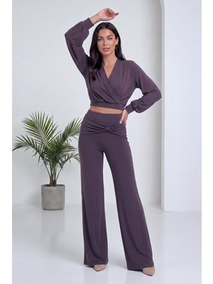 ZKS Grup Tekstil Kadın Kruvaze Yaka Crop Üst ve Bol Paça Pantolon Ikili Takım Ekru, Mor, Siyah