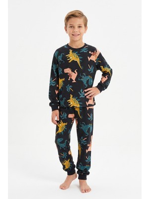 Pistyle Erkek Çocuk Dinozor Desenli %100 Pamuk Reaktif Boyalı Süprem Kumaş Uzun Kollu Pijama Takımı