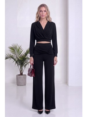thezkscom Kadın Ikili Takım Kruvaze Crop Üst Bol Paça Pantolon Şık Örme Ekru, Mor, Siyah