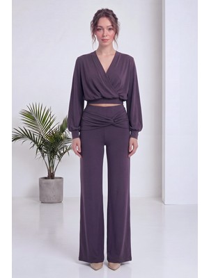 The ZKS Kadın Kruvaze Crop ve Bol Paça Pantolon Ikili Takım Şık Günlük Rahat Fit Örme Ekru, Mor, Siyah