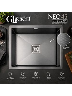 GL General General Neo 45 Paslanmaz Çelik Mutfak Eviyesi 40X45 cm Petek Dokulu 1 mm Tek Gözlü Kare Giderli Eviye + Sifon