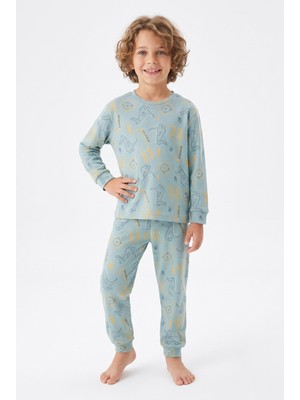 Pistyle Erkek Çocuk Aslan ve Timsah Baskılı %100 Pamuk Interlok Kumaş Uzun Kollu Pijama Takımı