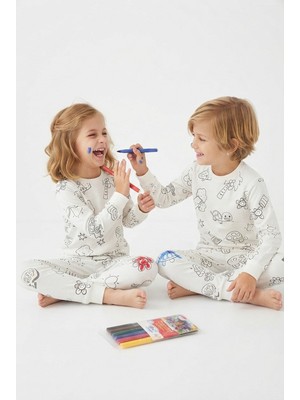 Pistyle Üniseks Çocuk Boyanabilir Desenli %100 Pamuk Süprem Kumaş Uzun Kollu Pijama Takımı
