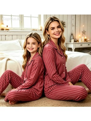 NiCe İç Giyim Anne Kız Uyumlu Pijama Takımı Çizgili Uzun Kollu Önden Düğmeli Gömlek Yaka Bordo Renk ( Ayrı Satın Alınır )