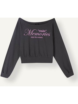 Defacto Cropped Fit Baskılı Antrasit Kadın Sweatshirt I6138AX/AR191
