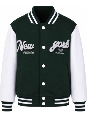 Trender Üğmeli New York Baskı 3 Ip Kolej Yeşil - Beyaz Erkek Çocuk Sweatshirt 8087