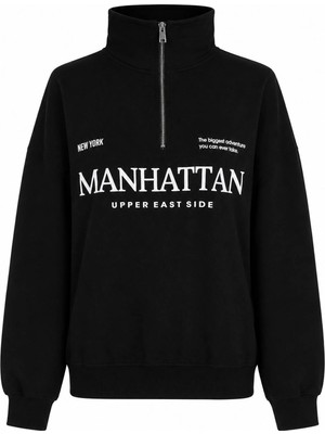 Trender Manhattan Baskı Yarım Fermuarlı Siyah Kadın Sweatshirt 27KDT1000023